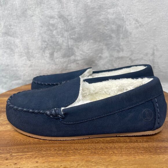 Lands' End Slippers Boys 3 Navy Suede Leather Faux Fur Lined Moccasin Youth Kids - Picture 5 of 13